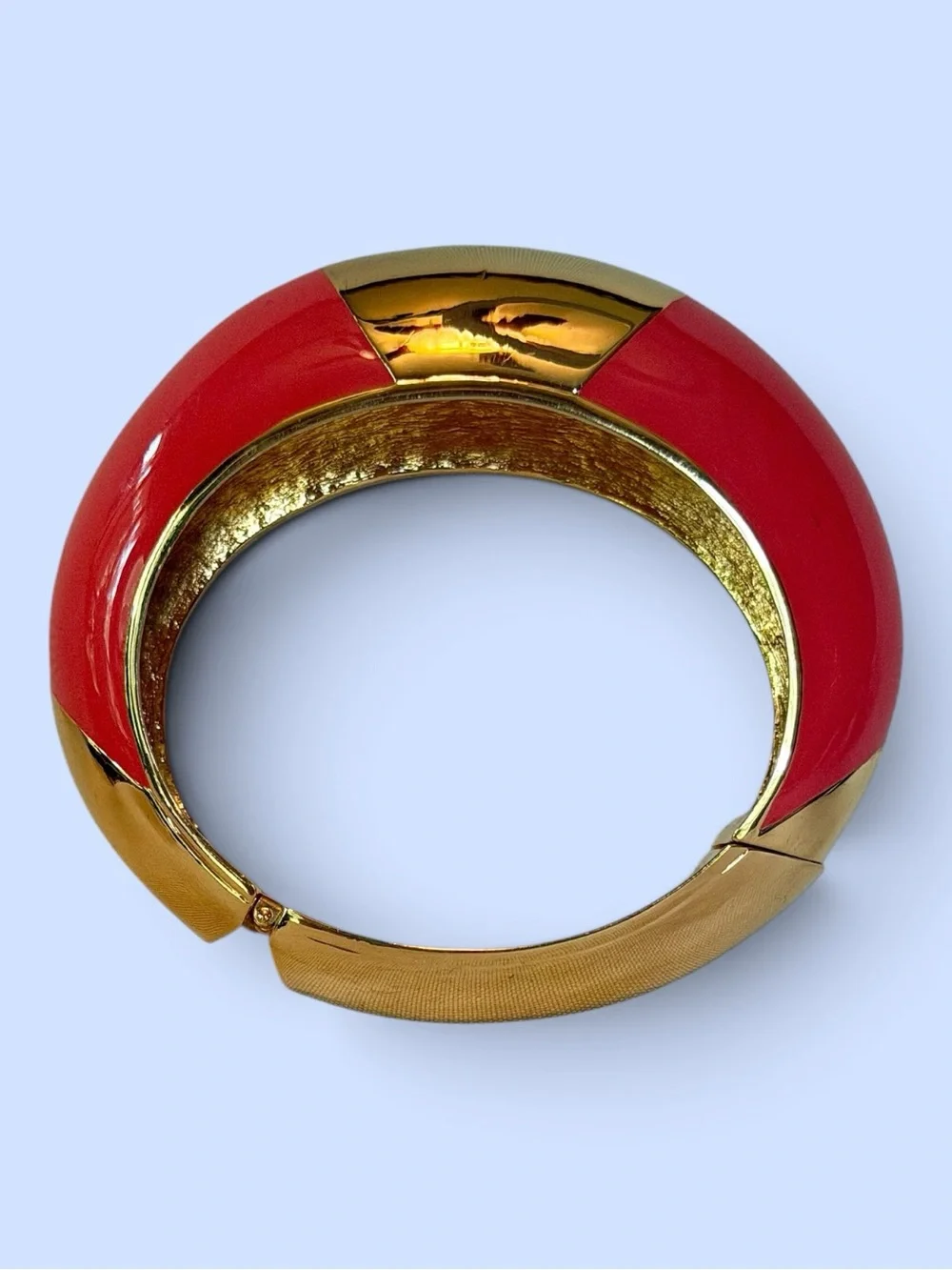 CC SKYE Coral Pink Enamel Gold Tone Hinged Statement Bangle Bracelet Marked